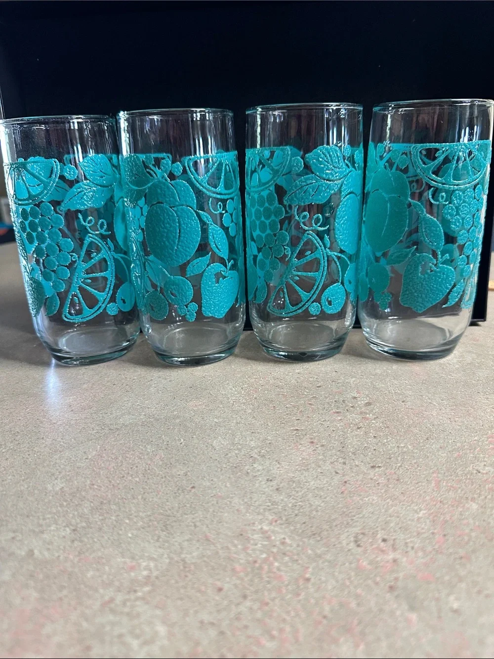 Vintage Libbey Teal Turquoise Fruit Textured Non Slip Glasses Set of 4 16oz